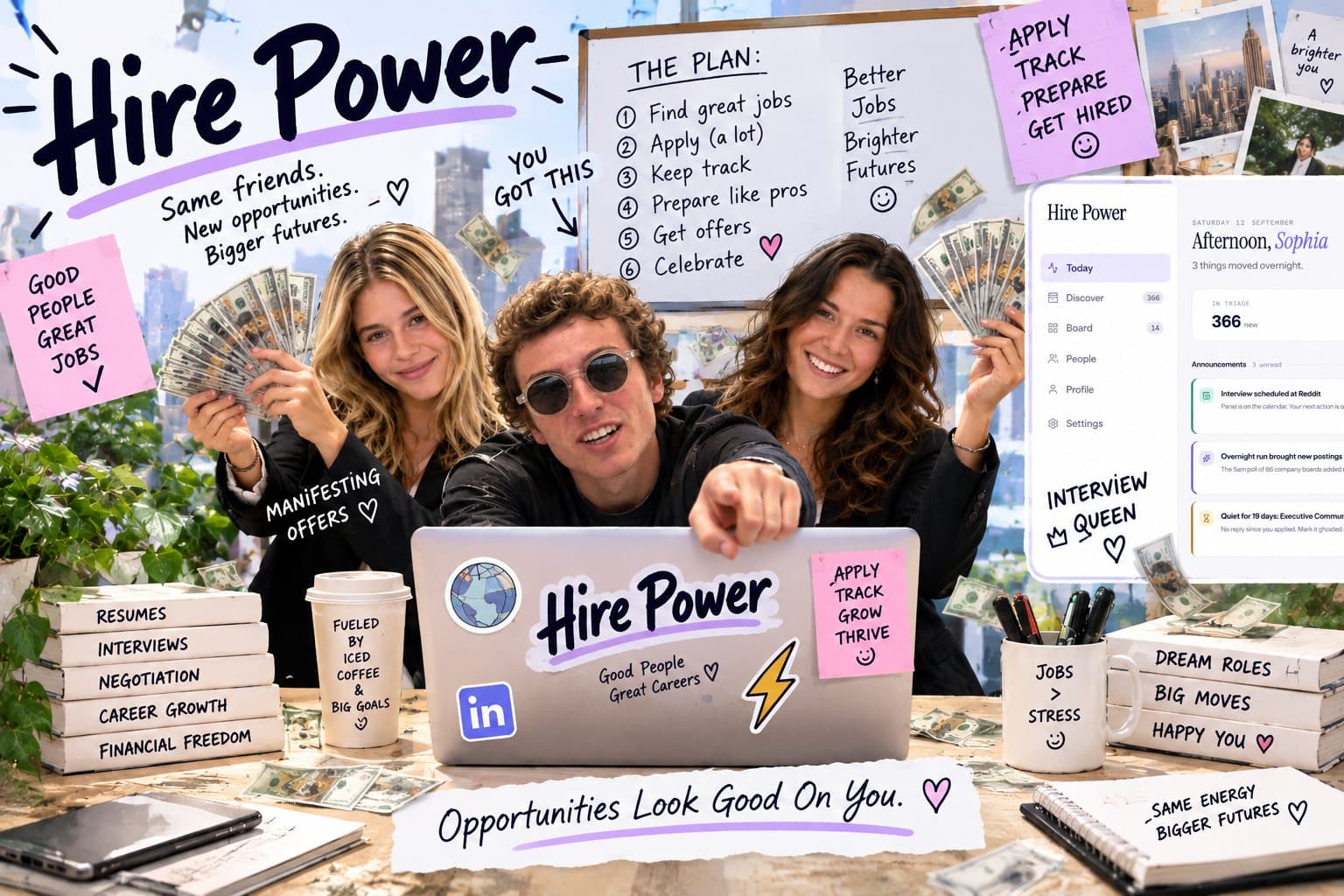 Three friends at a desk in front of a whiteboard reading “The plan: find great jobs, apply a lot, keep track, prepare like pros, get offers, celebrate”, with Hire Power open on a laptop.